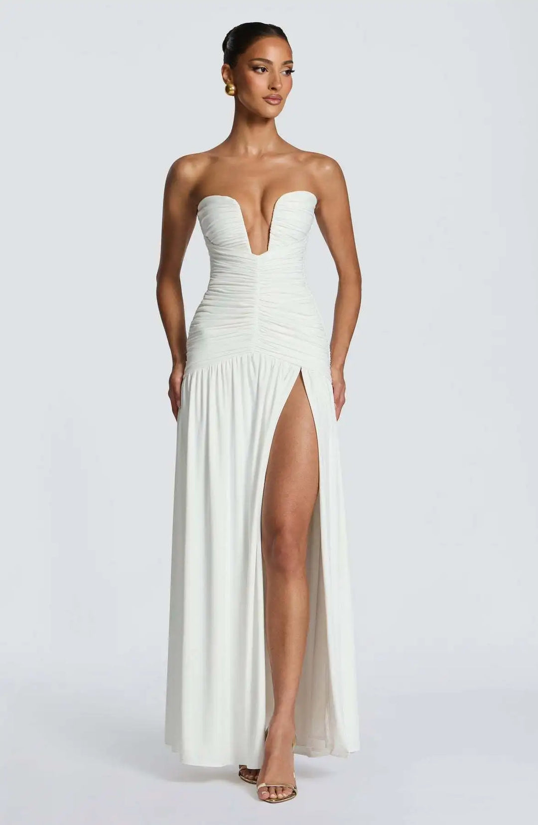 Damen Trägerloses Maxi-Kleid mit tiefem V-Ausschnitt und gerafftem Oberteil mit Schlitz