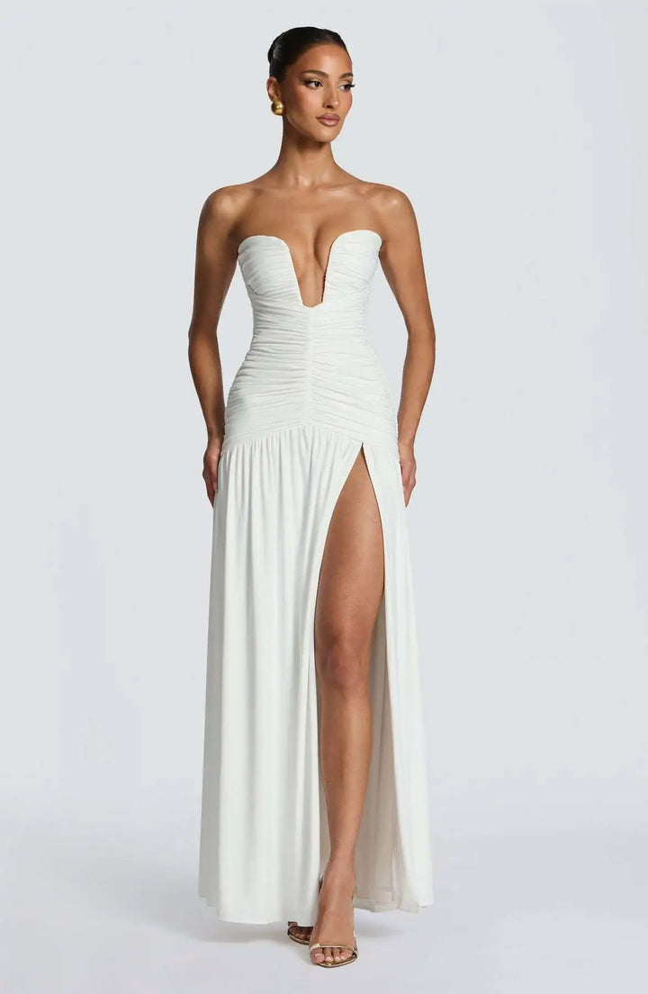 Damen Trägerloses Maxi-Kleid mit tiefem V-Ausschnitt und gerafftem Oberteil mit Schlitz