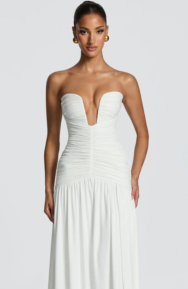 Damen Trägerloses Maxi-Kleid mit tiefem V-Ausschnitt und gerafftem Oberteil mit Schlitz