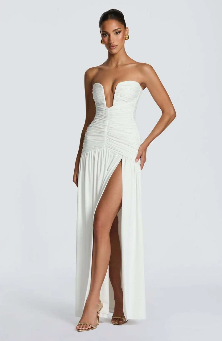 Damen Trägerloses Maxi-Kleid mit tiefem V-Ausschnitt und gerafftem Oberteil mit Schlitz
