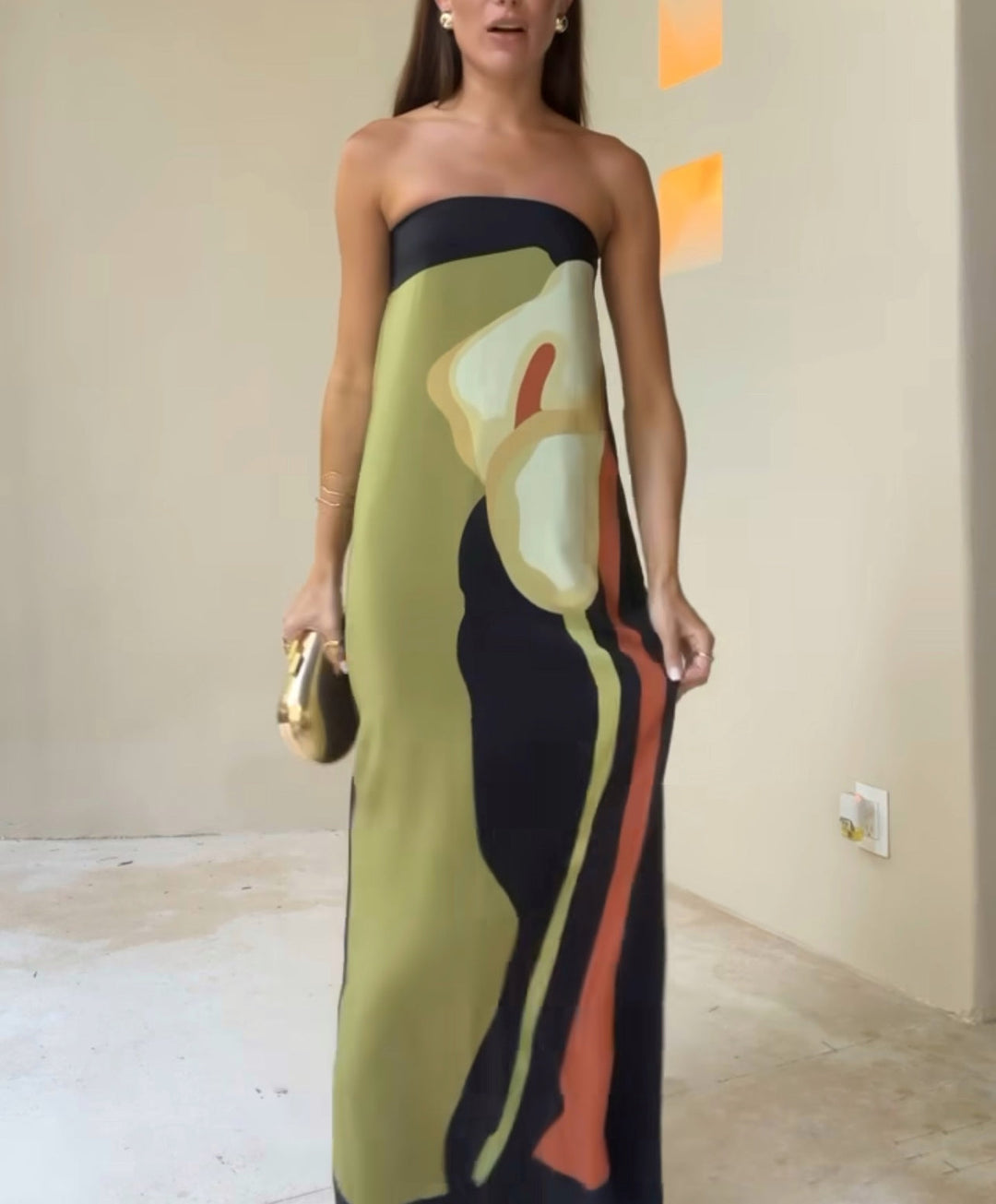 Damen Trägerloses Maxikleid mit Abstraktem Muster und Geradem Ausschnitt