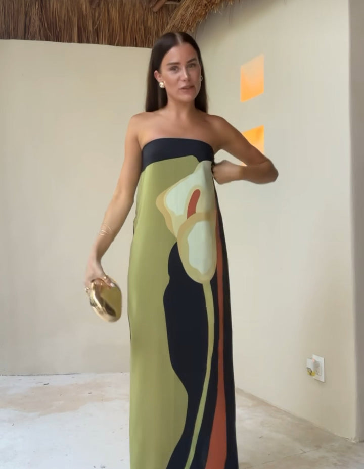 Damen Trägerloses Maxikleid mit Abstraktem Muster und Geradem Ausschnitt