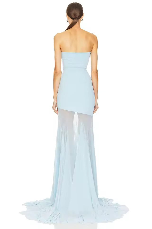 Damen Trägerloses Maxikleid mit asymmetrischem durchsichtigem Einsatz und ausgestelltem Saum