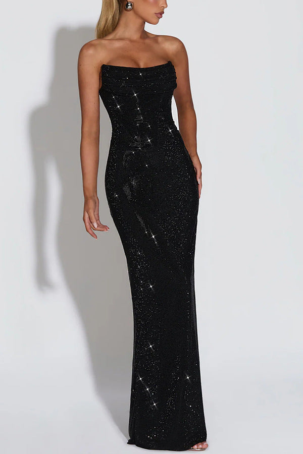 Damen Trägerloses Maxikleid mit Cowl Ausschnitt und Rhinestone Besatz