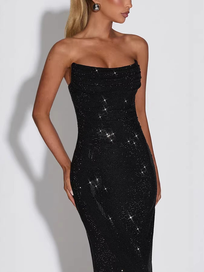 Damen Trägerloses Maxikleid mit Cowl Ausschnitt und Rhinestone Besatz