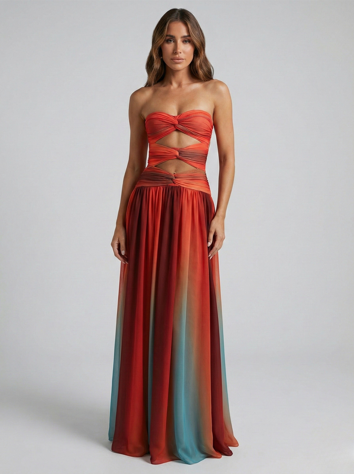 Damen Trägerloses Maxikleid mit gedrehtem Brustbereich und Ausschnitten an der Taille mit Farbverlauf
