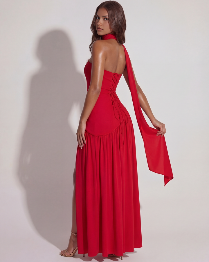 Damen Trägerloses Maxikleid mit Halsschal Herzausschnitt Schnürung am Rücken und Seitenschlitz
