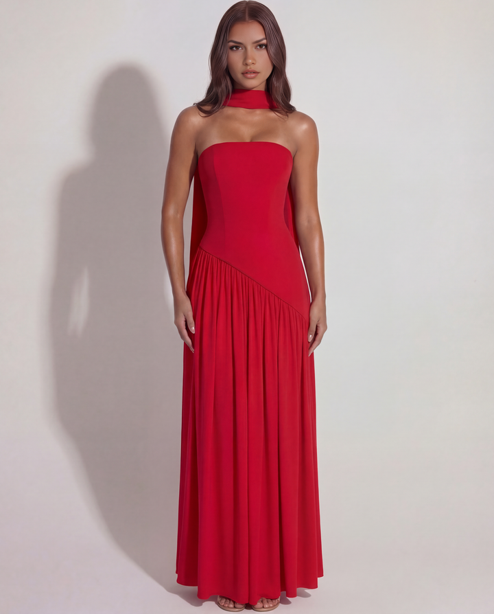 Damen Trägerloses Maxikleid mit Halsschal Herzausschnitt Schnürung am Rücken und Seitenschlitz