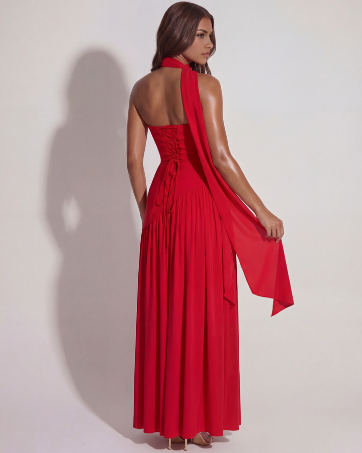 Damen Trägerloses Maxikleid mit Halsschal Herzausschnitt Schnürung am Rücken und Seitenschlitz