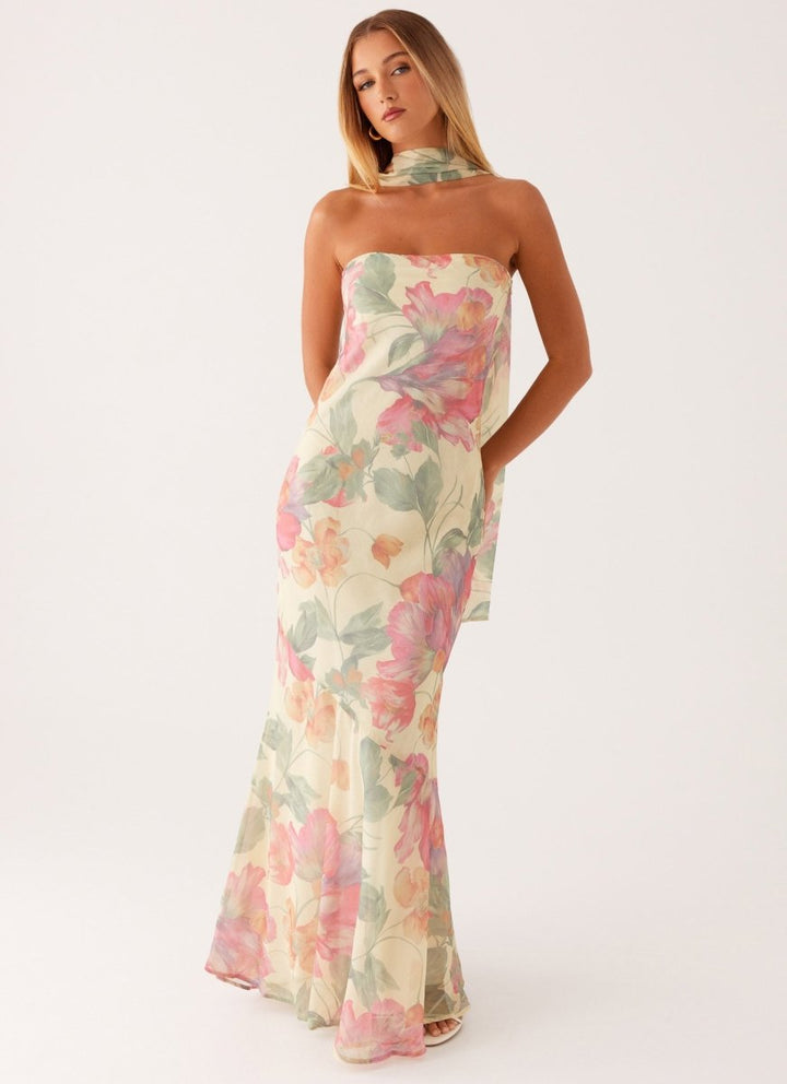 Damen trägerloses Maxikleid mit Halstuch und großflächigem Blumenmuster