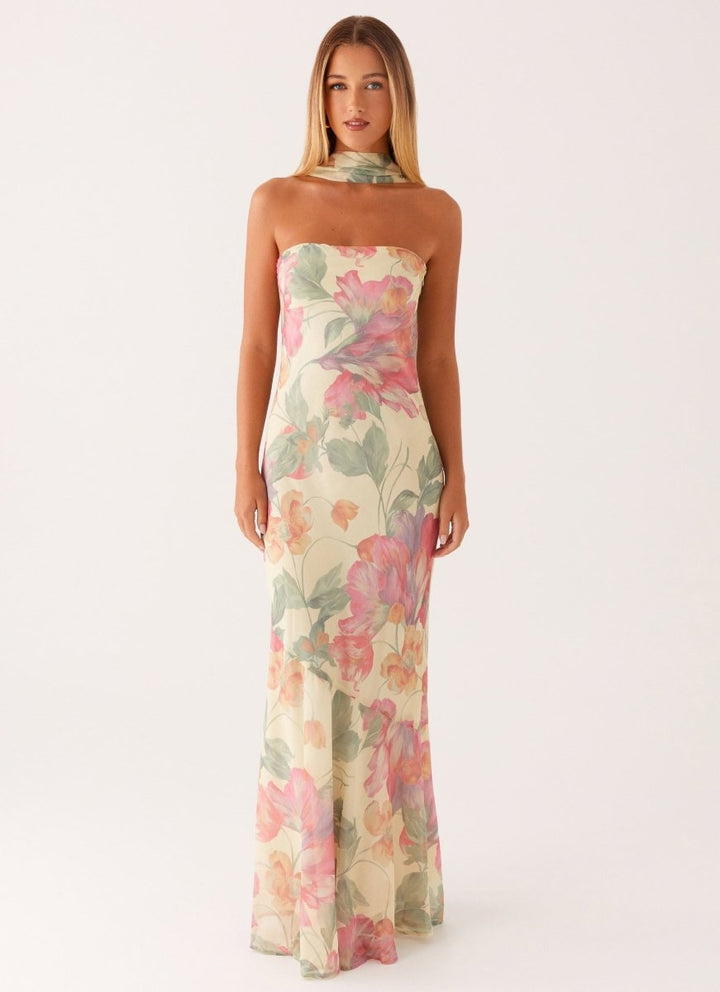 Damen trägerloses Maxikleid mit Halstuch und großflächigem Blumenmuster