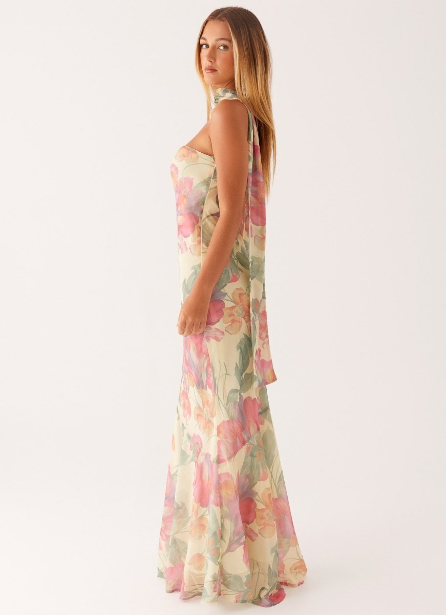 Damen trägerloses Maxikleid mit Halstuch und großflächigem Blumenmuster