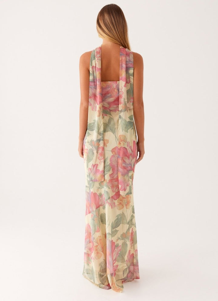 Damen trägerloses Maxikleid mit Halstuch und großflächigem Blumenmuster