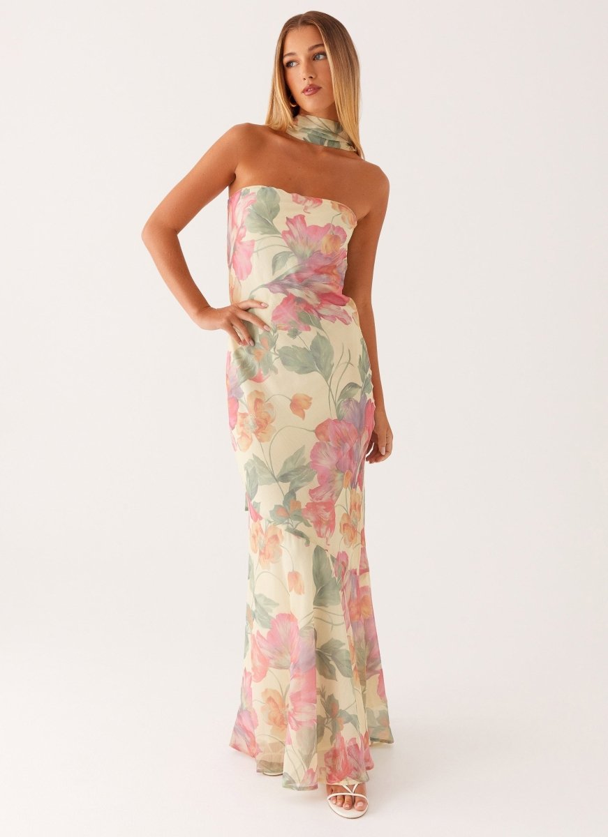 Damen trägerloses Maxikleid mit Halstuch und großflächigem Blumenmuster