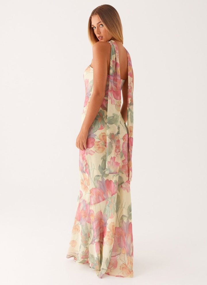 Damen trägerloses Maxikleid mit Halstuch und großflächigem Blumenmuster