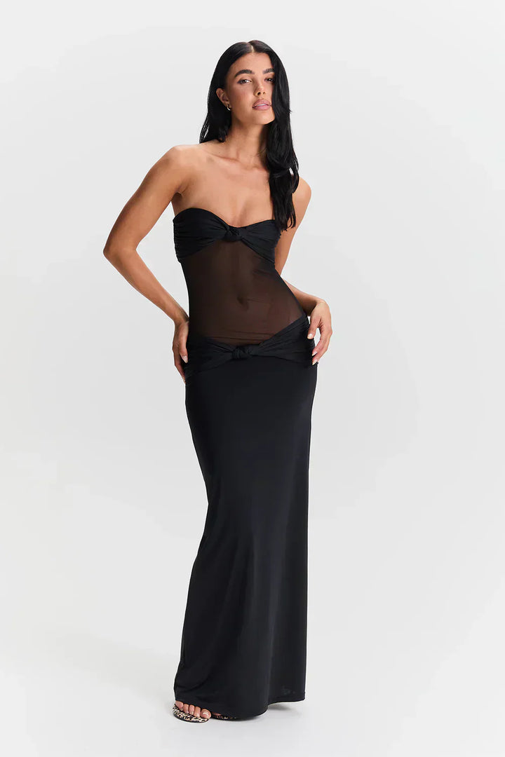 Damen Trägerloses Maxikleid mit Knotenverzierungen und transparentem Mesh-Einsatz