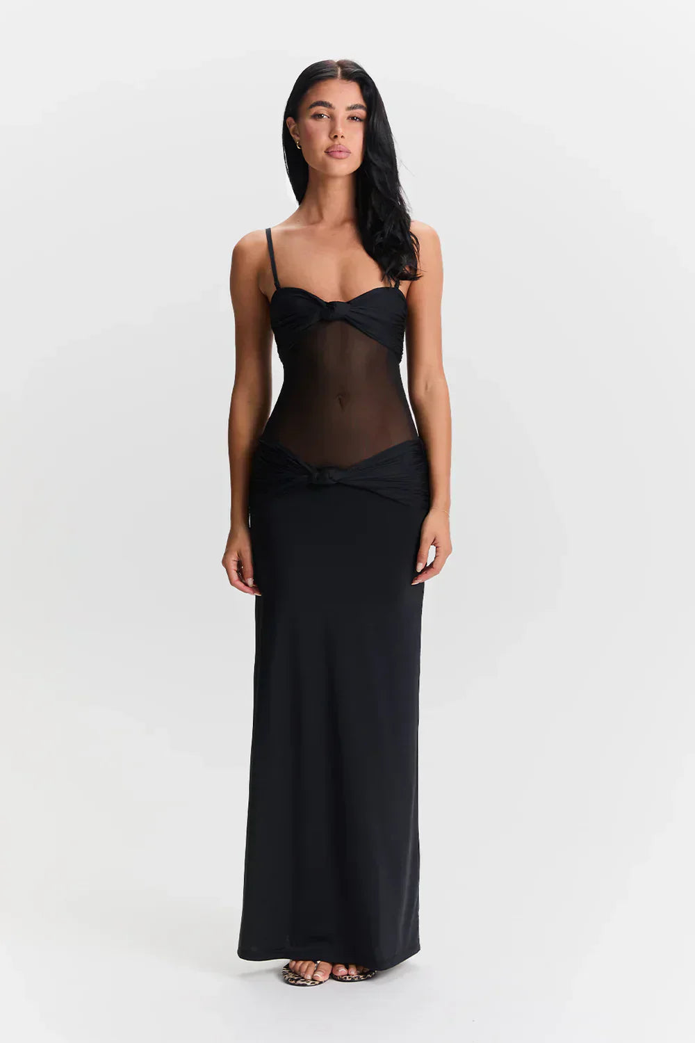 Damen Trägerloses Maxikleid mit Knotenverzierungen und transparentem Mesh-Einsatz