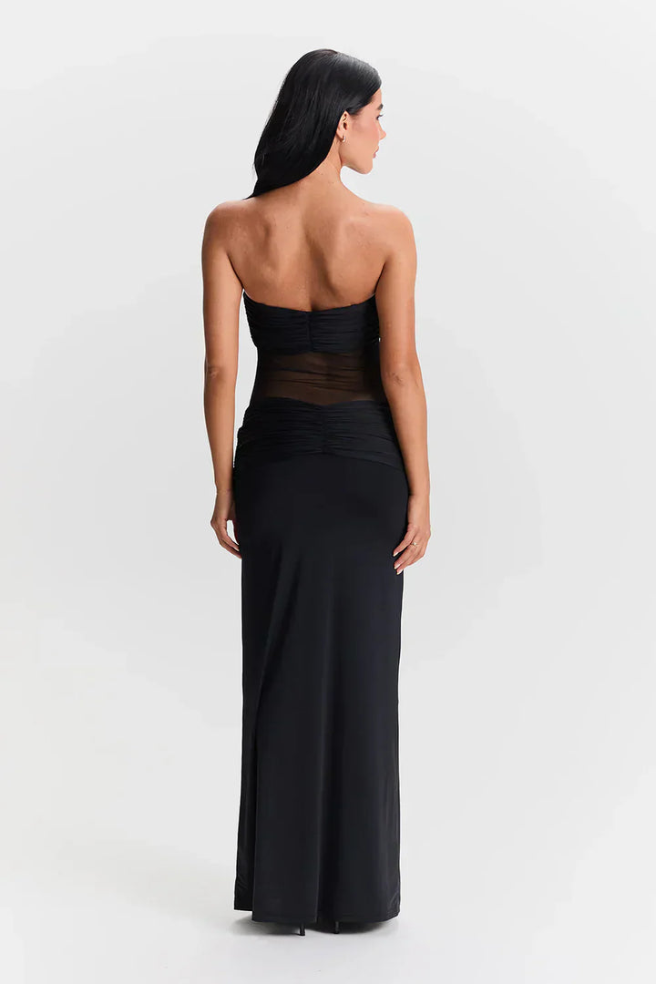 Damen Trägerloses Maxikleid mit Knotenverzierungen und transparentem Mesh-Einsatz