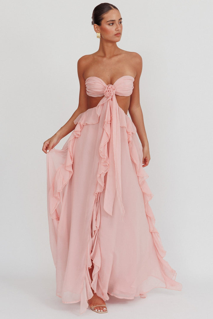 Damen Trägerloses Maxikleid mit Taillenausschnitt Rüschenrock und Rosettenapplikation
