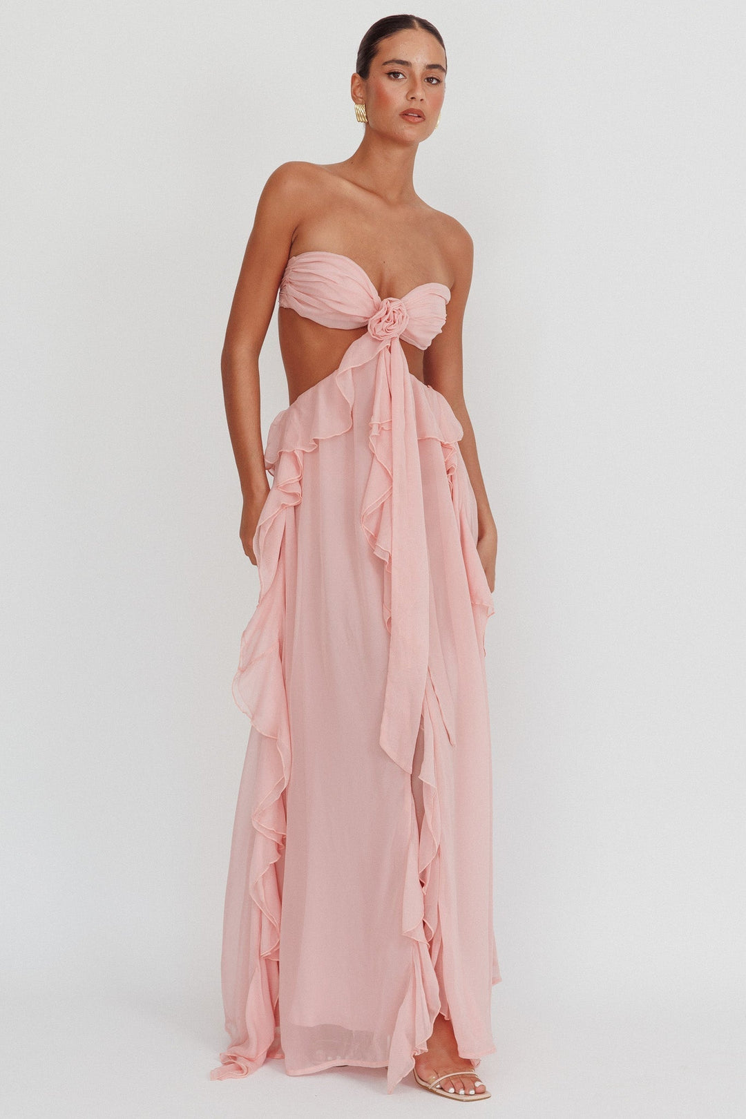 Damen Trägerloses Maxikleid mit Taillenausschnitt Rüschenrock und Rosettenapplikation