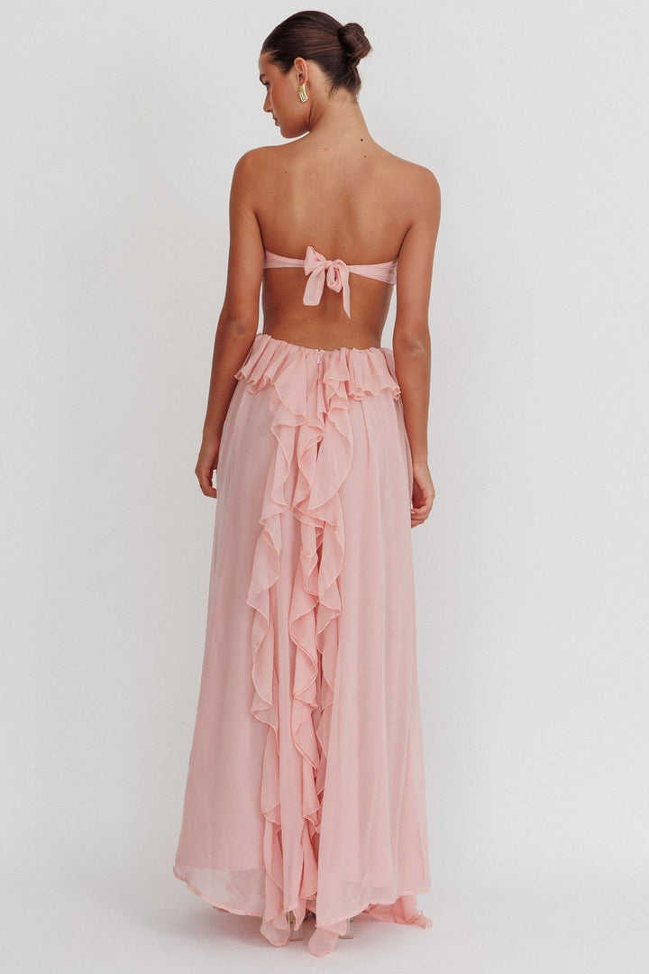 Damen Trägerloses Maxikleid mit Taillenausschnitt Rüschenrock und Rosettenapplikation