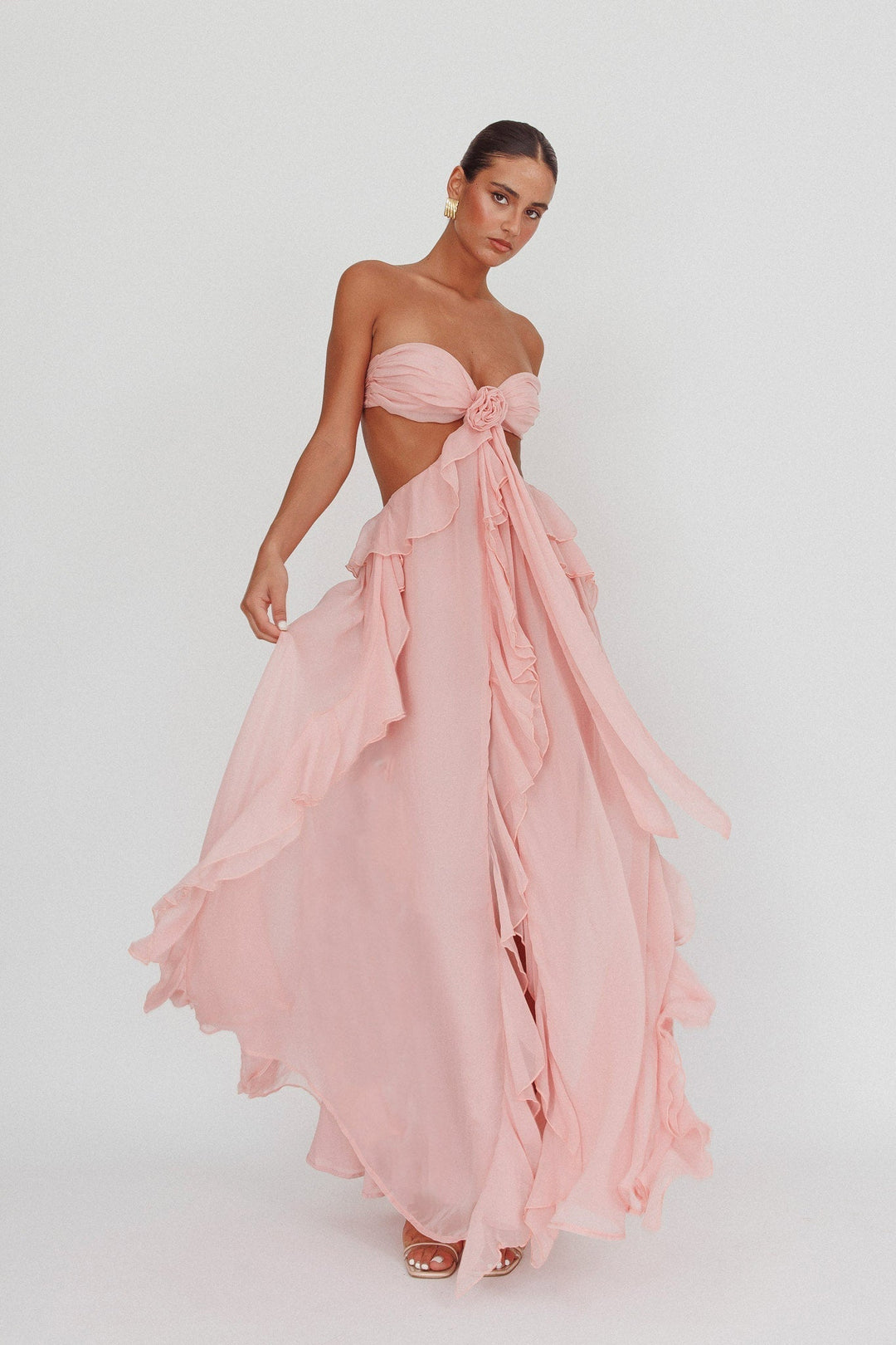 Damen Trägerloses Maxikleid mit Taillenausschnitt Rüschenrock und Rosettenapplikation