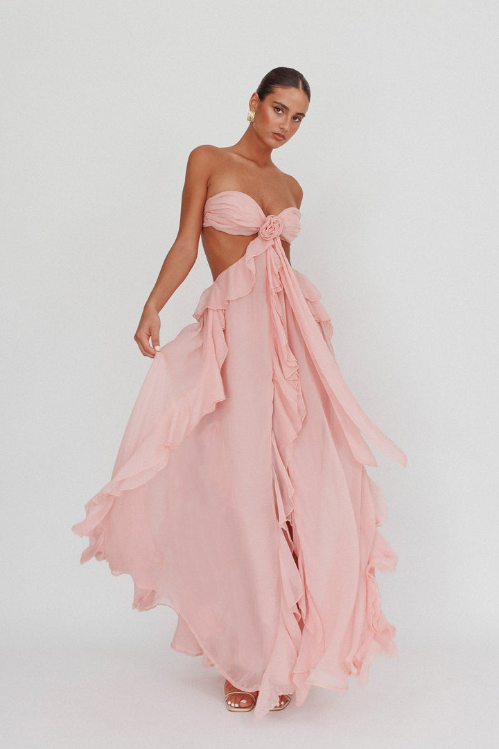 Damen Trägerloses Maxikleid mit Taillenausschnitt Rüschenrock und Rosettenapplikation