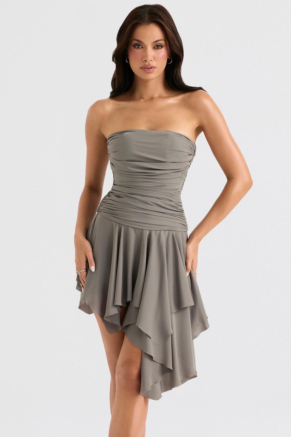 Damen Trägerloses Minikleid mit Raffung asymmetrischem Saum und Volantrock