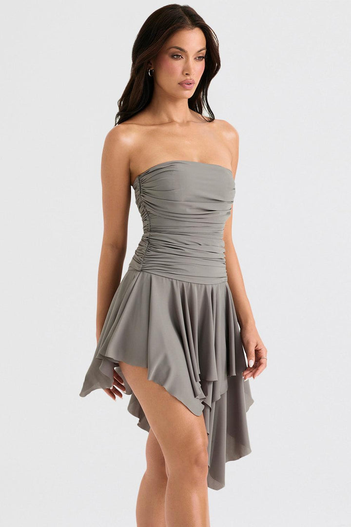 Damen Trägerloses Minikleid mit Raffung asymmetrischem Saum und Volantrock