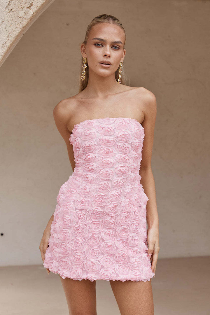 Damen Trägerloses Minikleid mit Rosettenapplikationen am gesamten Kleid