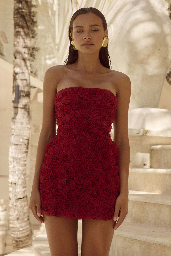 Damen Trägerloses Minikleid mit Rosettenapplikationen am gesamten Kleid