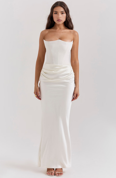 Damen trägerloses langes Kleid mit drapiertem Taillenpanel-Maxi Dress-Alpenkind