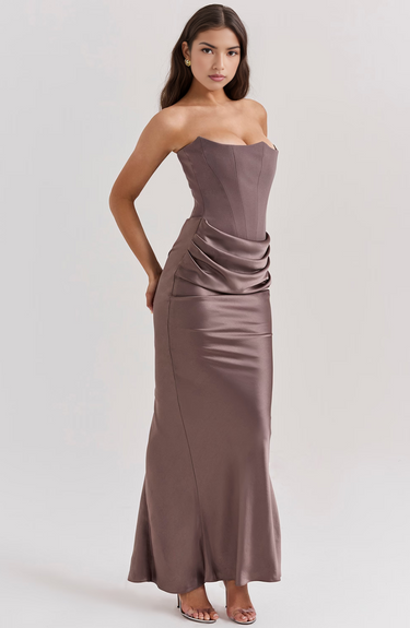 Damen trägerloses langes Kleid mit drapiertem Taillenpanel-Maxi Dress-Alpenkind