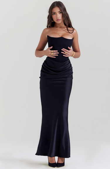 Damen trägerloses langes Kleid mit drapiertem Taillenpanel-Maxi Dress-Alpenkind