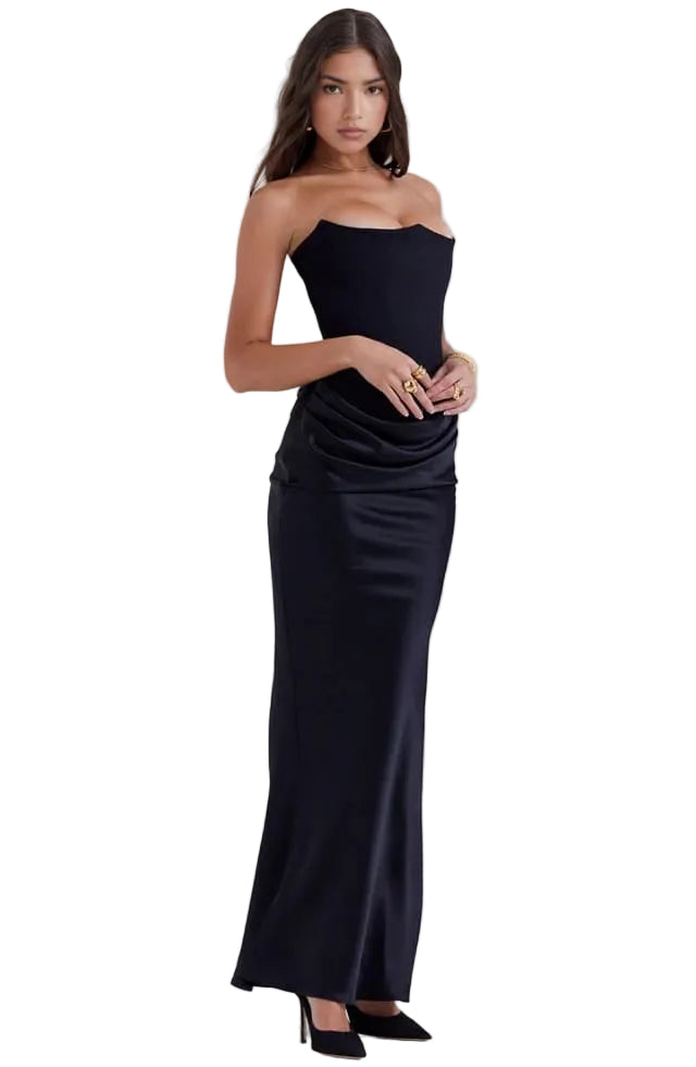 Damen trägerloses langes Kleid mit drapiertem Taillenpanel-Maxi Dress-Alpenkind
