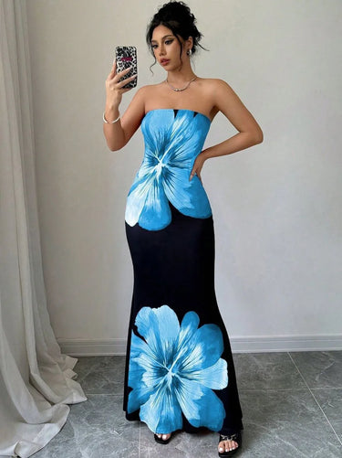 Damen trägerloses langes Kleid mit Druckmuster-Maxi Dress-Alpenkind