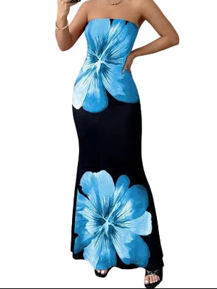 Damen trägerloses langes Kleid mit Druckmuster-Maxi Dress-Alpenkind