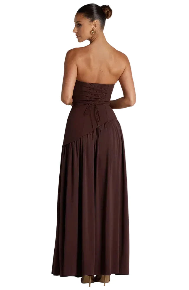 Damen trägerloses Maxikleid mit asymmetrischer Taille und Schlitz-Maxi Dress-Alpenkind
