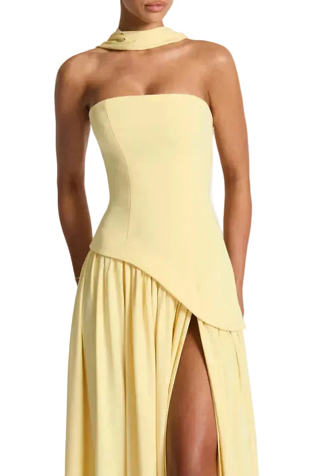 Damen trägerloses Maxikleid mit asymmetrischer Taille und Schlitz-Maxi Dress-Alpenkind