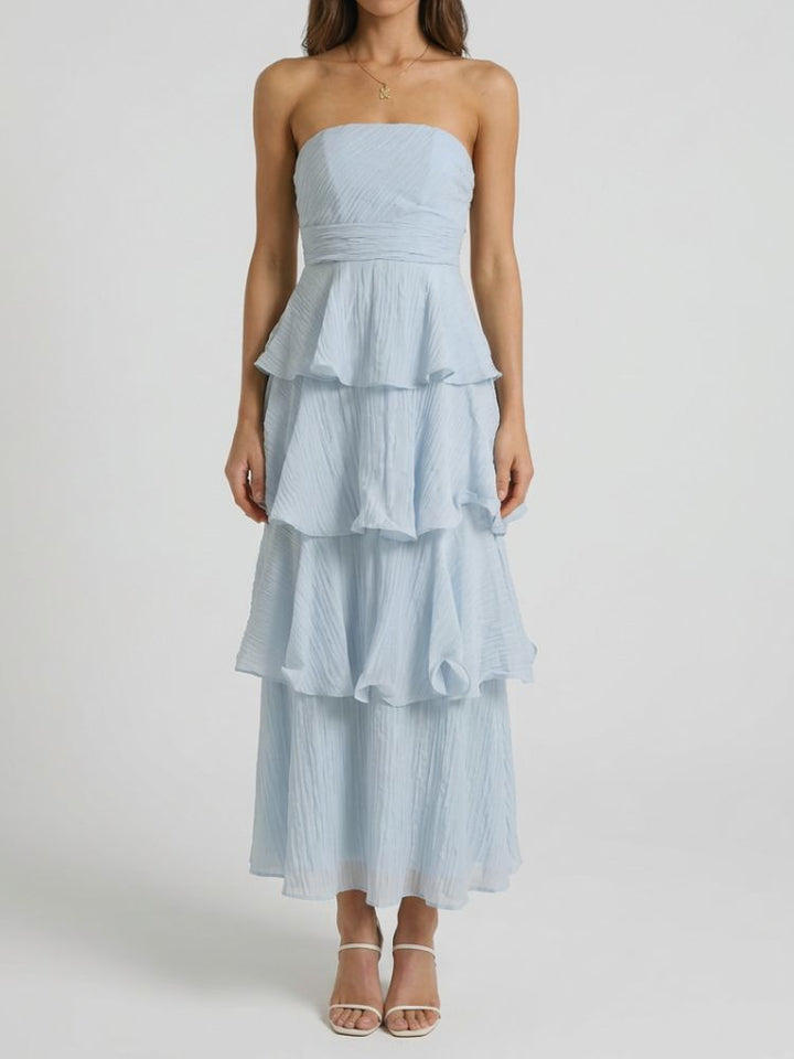 Damen trägerloses Maxikleid mit gestuftem Rock und Rüschenlagen-Maxi Dress-Alpenkind