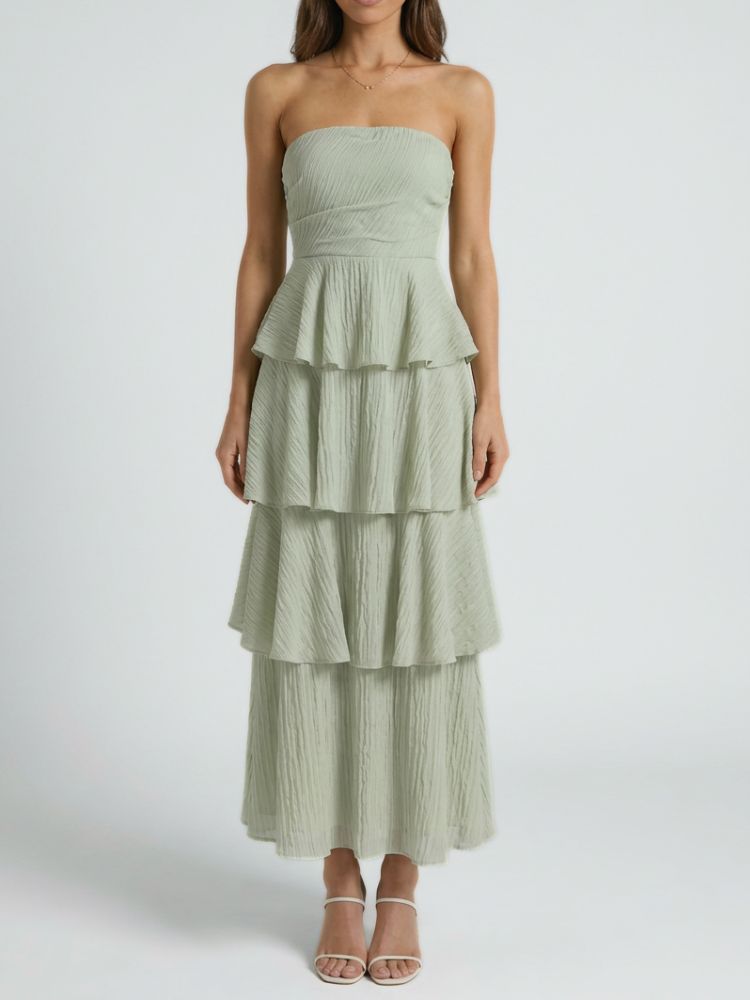 Damen trägerloses Maxikleid mit gestuftem Rock und Rüschenlagen-Maxi Dress-Alpenkind