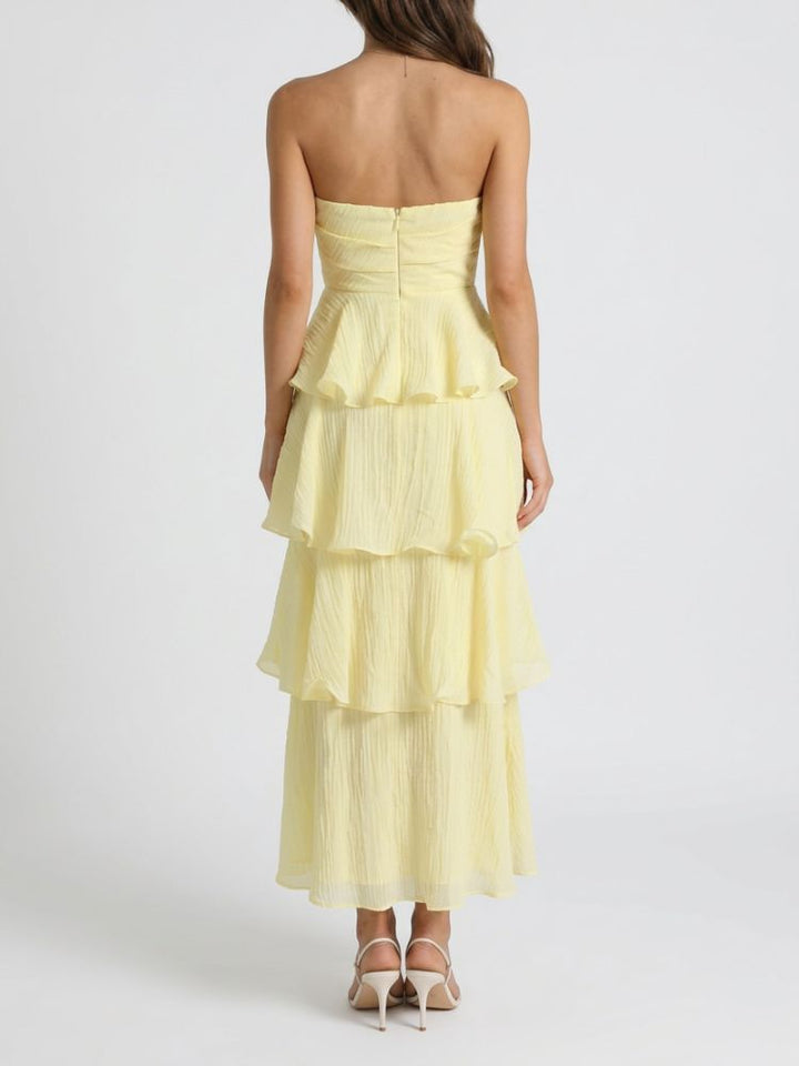Damen trägerloses Maxikleid mit gestuftem Rock und Rüschenlagen-Maxi Dress-Alpenkind