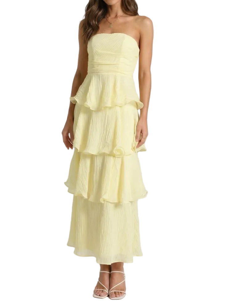 Damen trägerloses Maxikleid mit gestuftem Rock und Rüschenlagen-Maxi Dress-Alpenkind