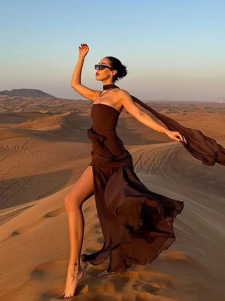 Damen trägerloses Maxikleid mit Halstuch-Element und Schlitzrock-Maxi Dress-Alpenkind