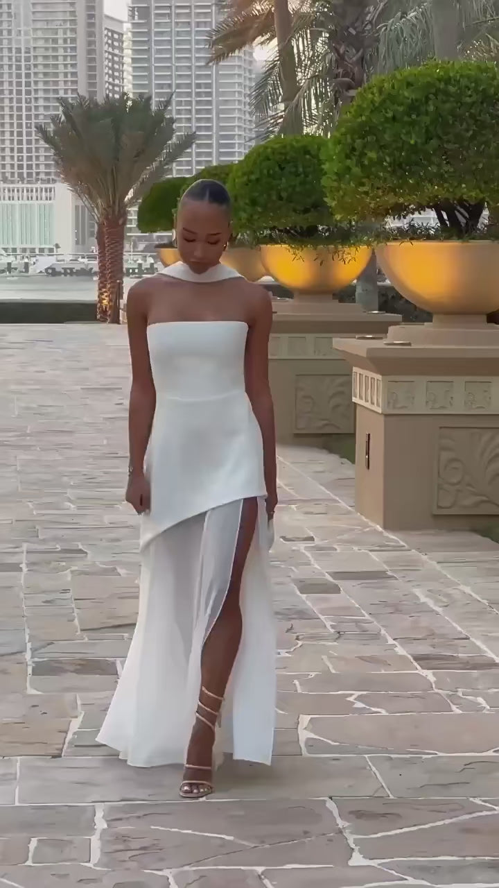 Damen trägerloses Maxikleid mit Halstuch-Element und Schlitzrock-Maxi Dress-Alpenkind