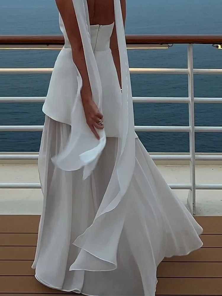 Damen trägerloses Maxikleid mit Halstuch-Element und Schlitzrock-Maxi Dress-Alpenkind