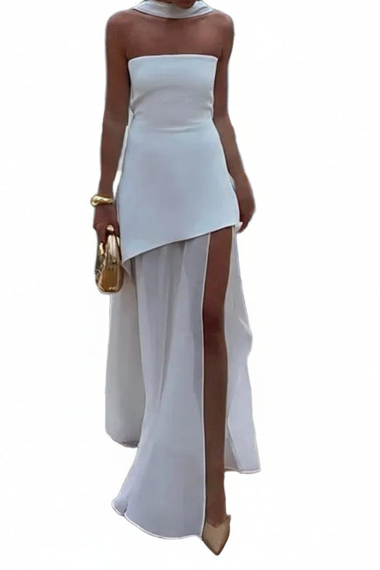 Damen trägerloses Maxikleid mit Halstuch-Element und Schlitzrock-Maxi Dress-Alpenkind