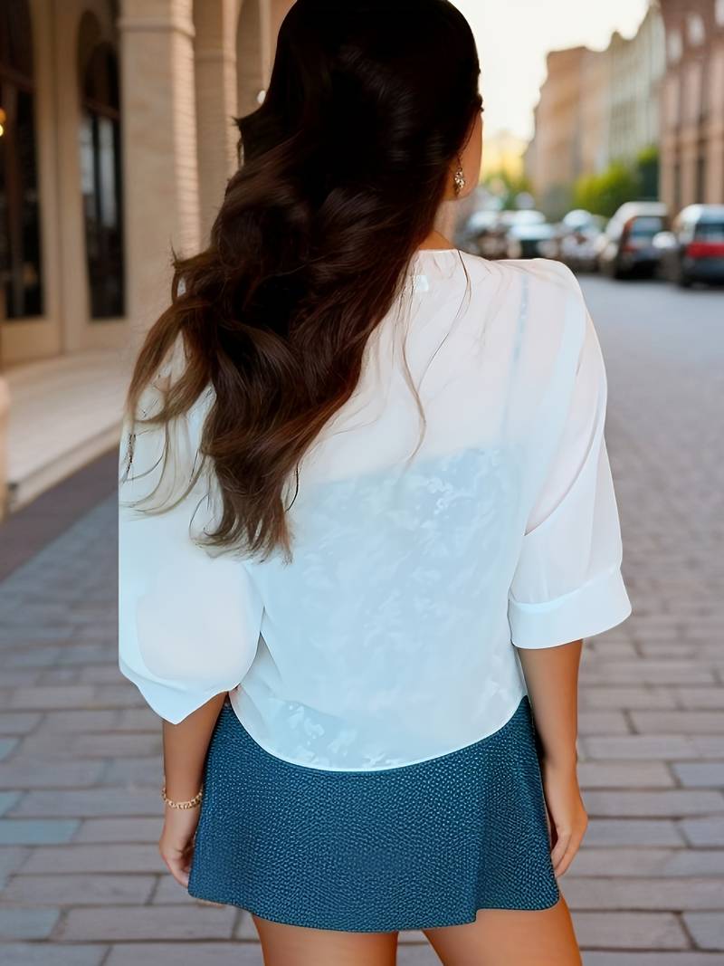 Damen transparente Kurzbluse mit Bindung vorne und kurzen Ärmeln-Women blouse-Alpenkind