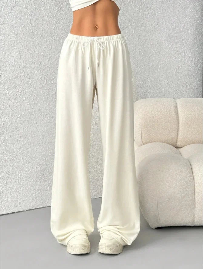 Damen Weite Hose mit Elastischem Bund Kordelzug und Geradem Bein
