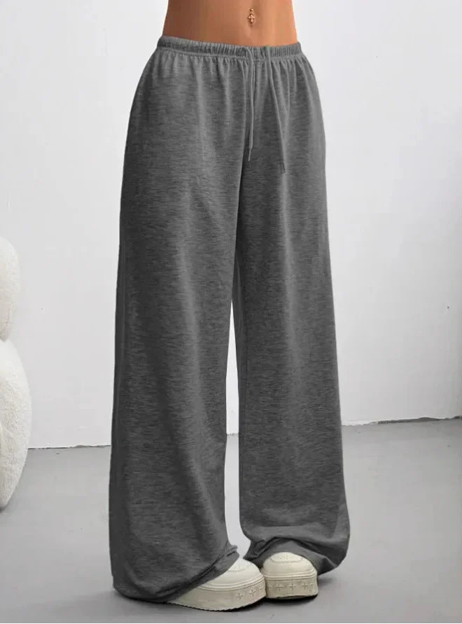 Damen Weite Hose mit Elastischem Bund Kordelzug und Geradem Bein
